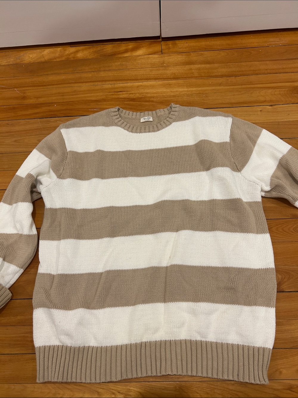 Brandy Melville Beige & White Wide-Stripe Crewneck Sweater